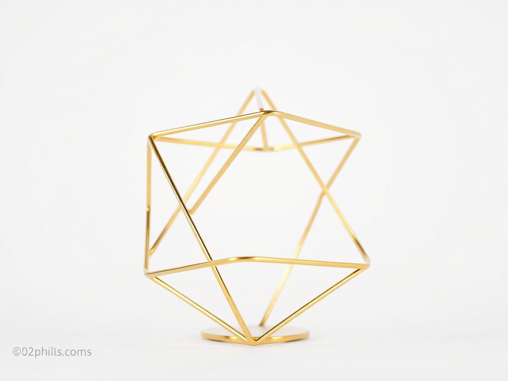 Macro shot of a minimalist geometric sculpture made of polished brass, reflecting subtle light, pure white background, sharp focus, 8k, photorealistic