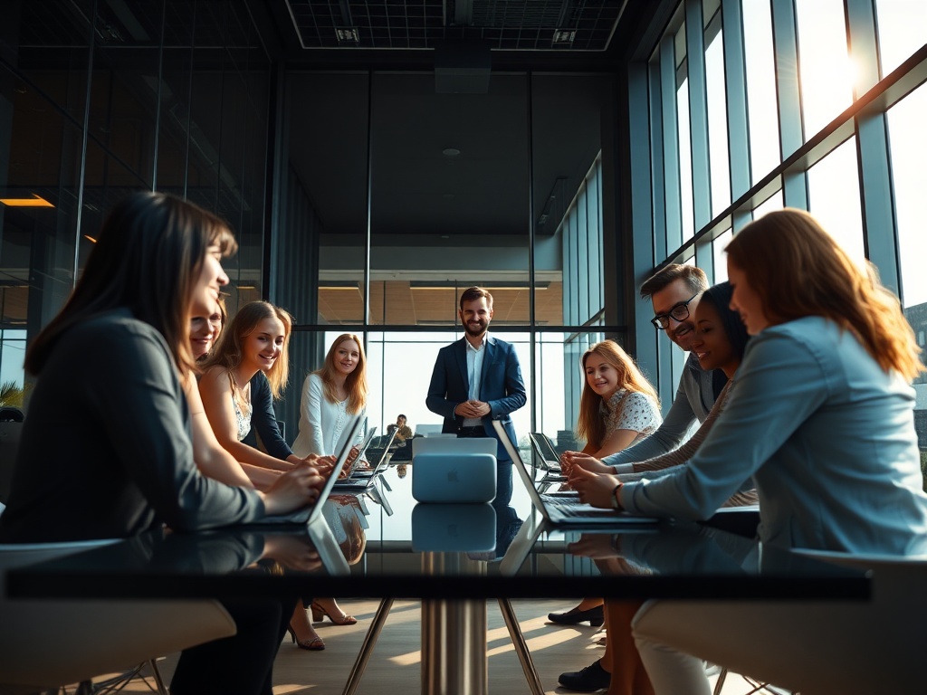 A dynamic low-angle shot of a diverse team in a modern glass boardroom, sunlight streaming through floor-to-ceiling windows, laptop screens glowing, minimalist Scandinavian furniture, cinematic lighting, 8k, photorealistic commercial photography